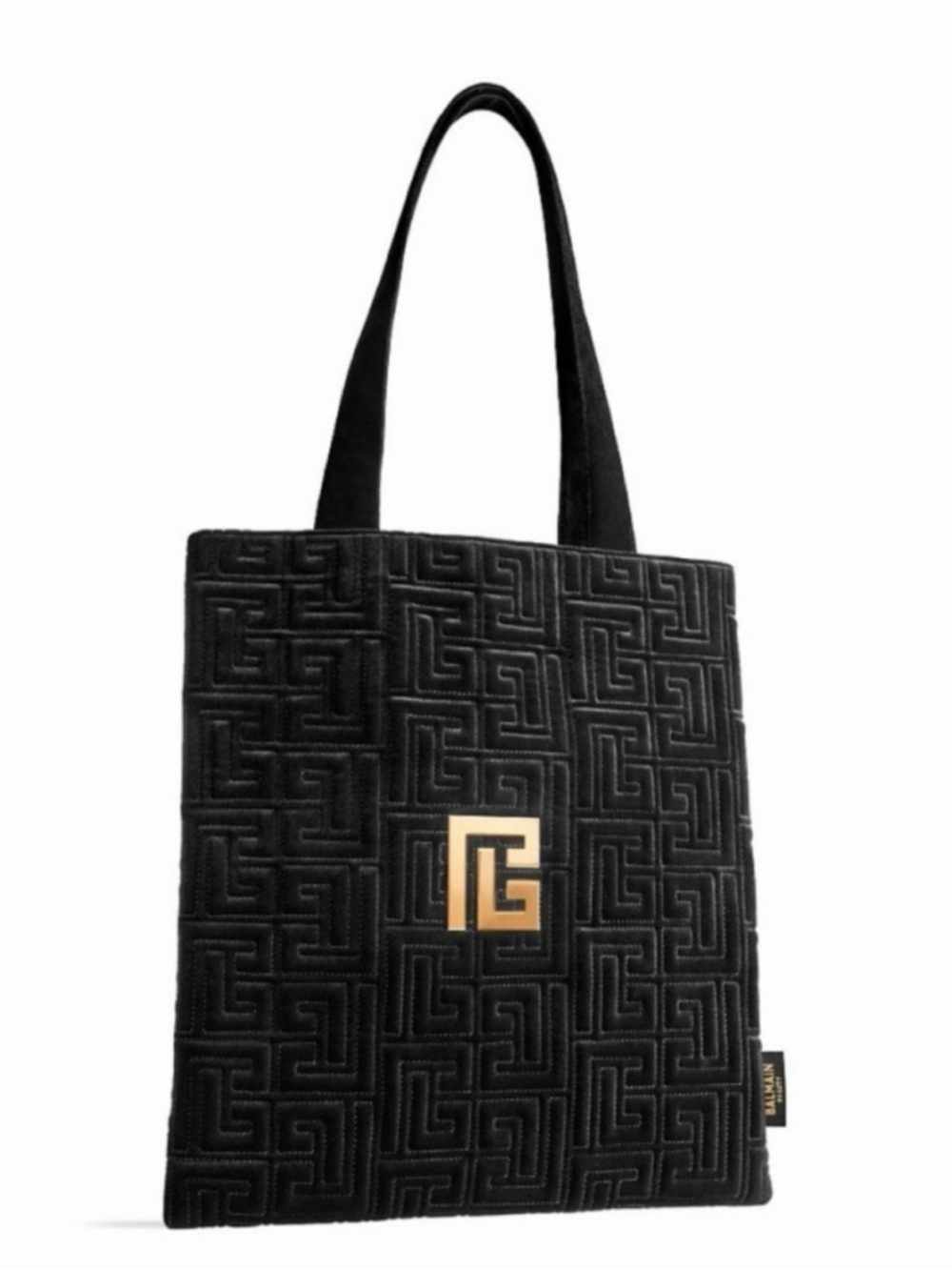 Balmain Black Velvet Quilted Tote with Gold Logo Plaque